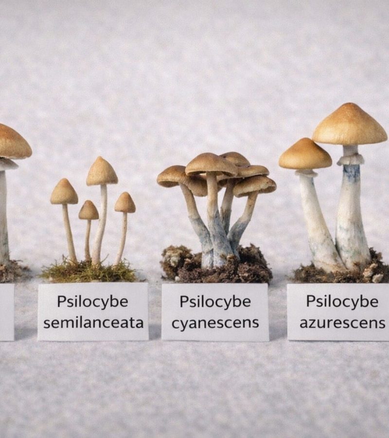 comparison photo of five psilocybin mushroom types with name tags including Psilocybe cubensis, Psilocybe semilanceata, Psilocybe cyanescens, Psilocybe azurescens, and Psilocybe mexicana