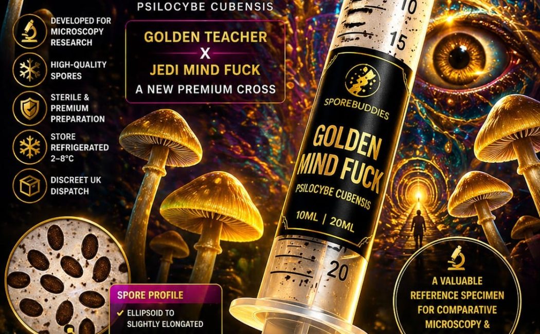 Golden Mind Fuck spore syringe with psychedelic golden background, Golden Teacher x Jedi Mind Fuck Psilocybe cubensis research specimen in sterile solution