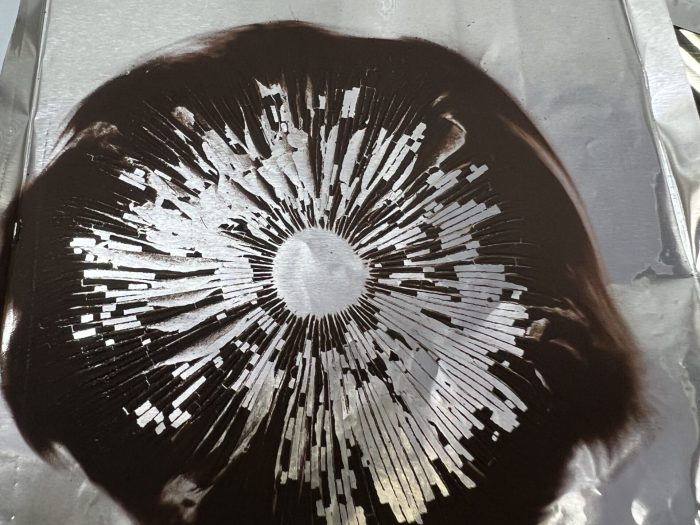 Albino A+ spore print on sterile foil showing dense radial pattern of Psilocybe cubensis spores for microscopy