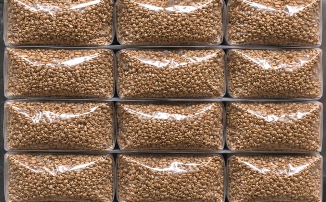 1kg sterilised rye grain spawn bags stacked for wholesale mushroom cultivation supply in the UK ready for inoculation