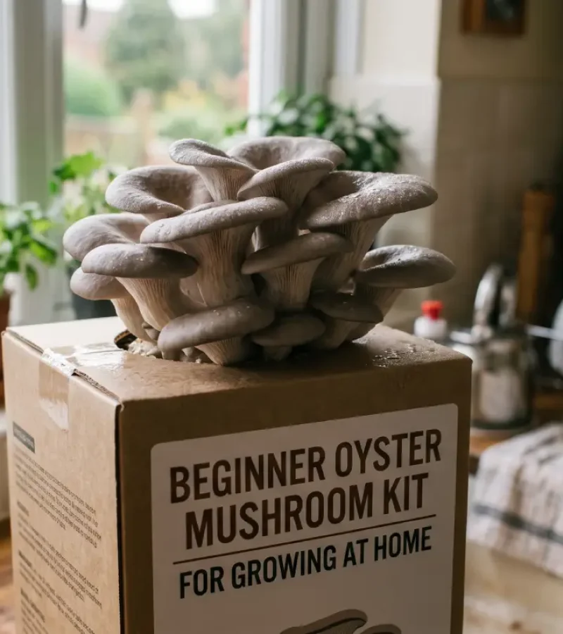 A beginner oyster mushroom growing kit fruiting indoors on a UK kitchen windowsill with a spray bottle misting water nearby.