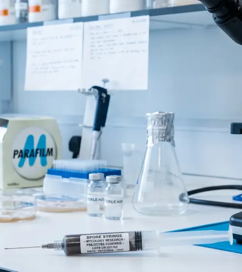 A clean, modern laboratory workbench with a professional microscope and other mycology research equipment, illustrating the high standards to look for when choosing a UK spore supplier for microscopy.