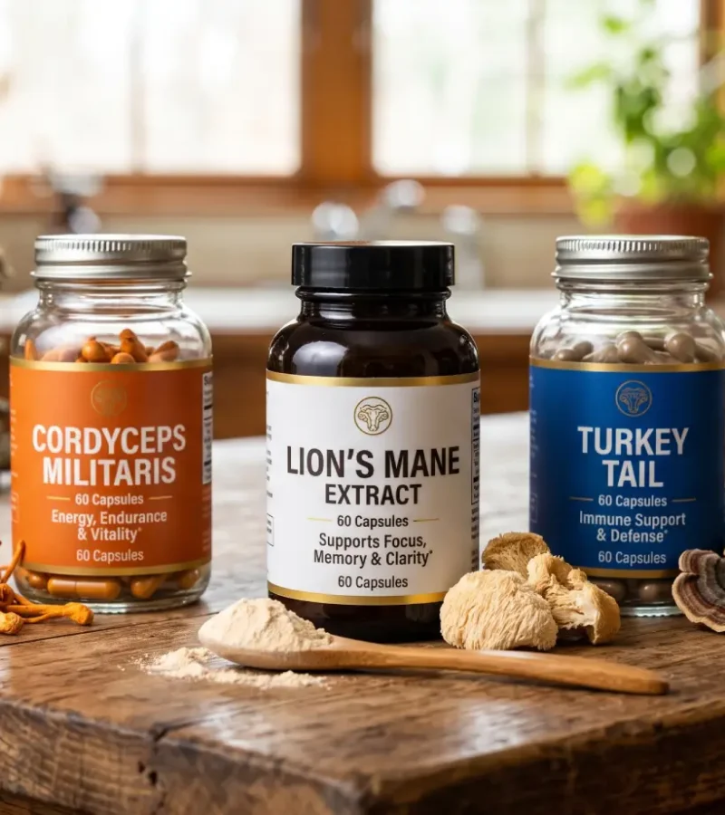 A clean kitchen counter displaying three supplement jars and raw samples of Lion's Mane, Cordyceps, and Turkey Tail functional mushrooms for a daily health stack.