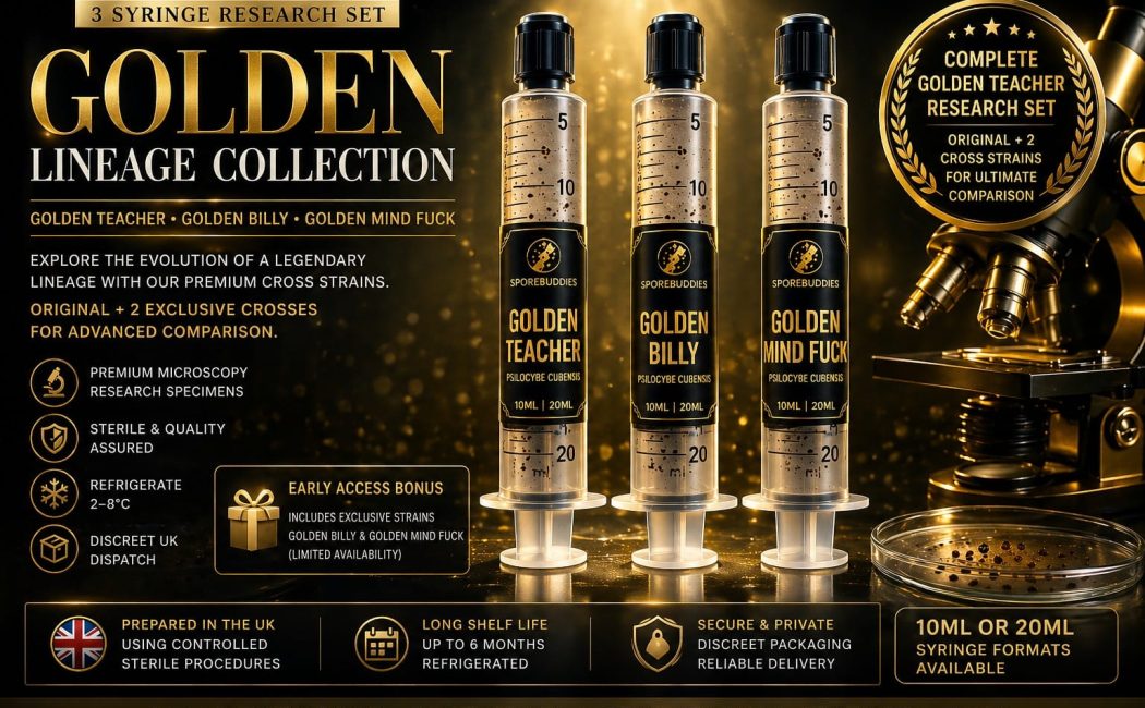Golden Lineage Collection spore syringe bundle with Golden Teacher, Golden Billy and Golden Mind Fuck in premium research set for microscopy