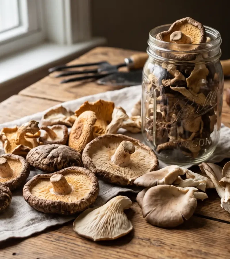 Assorted dried shiitake and oyster mushrooms arranged on a linen cloth next to a glass storage jar on a rustic wooden tabletop.