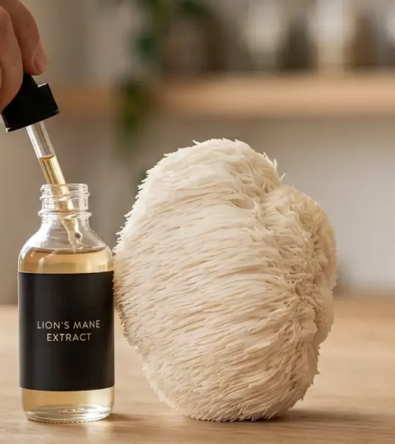 Close-up of a hand with a silver wedding ring using a glass dropper to add liquid Lion's Mane extract into a small amber bottle on a light wood surface, next to a large, whole Lion's Mane mushroom.