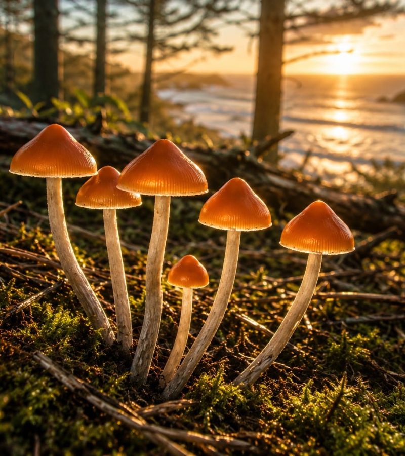 Scenic picture showing Psilocybe azurescens growing in its natural costal habitat.