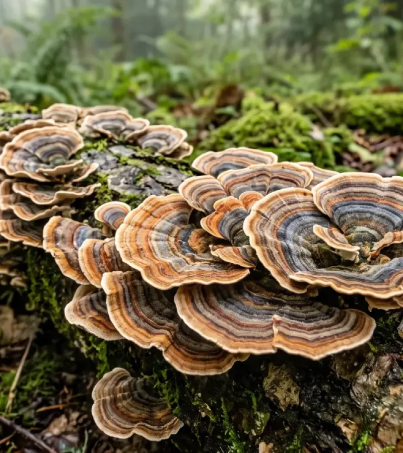 A close-up, atmospheric photograph taken in a misty British woodland. It features a lush, moss-covered hardwood log, densely populated by multiple clusters of fan-shaped Turkey Tail (Trametes versicolor) mushrooms.
